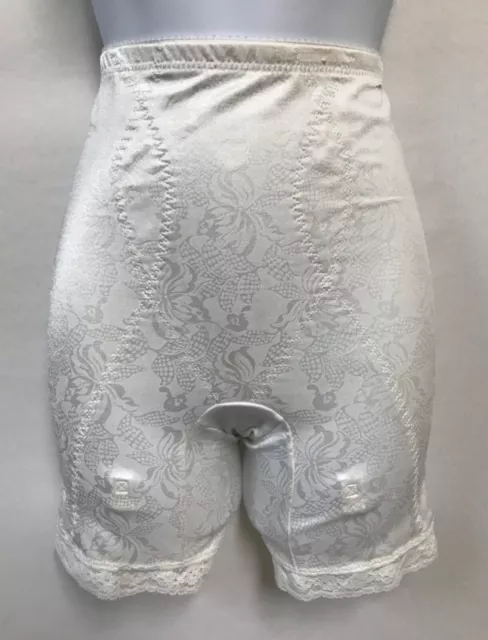 VINTAGE FLEXEES SMALL White Satin Long leg Panty Girdle Floral