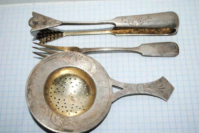 Lotto di tè antico imperiale russo in argento sterling 84 colino pinze per...