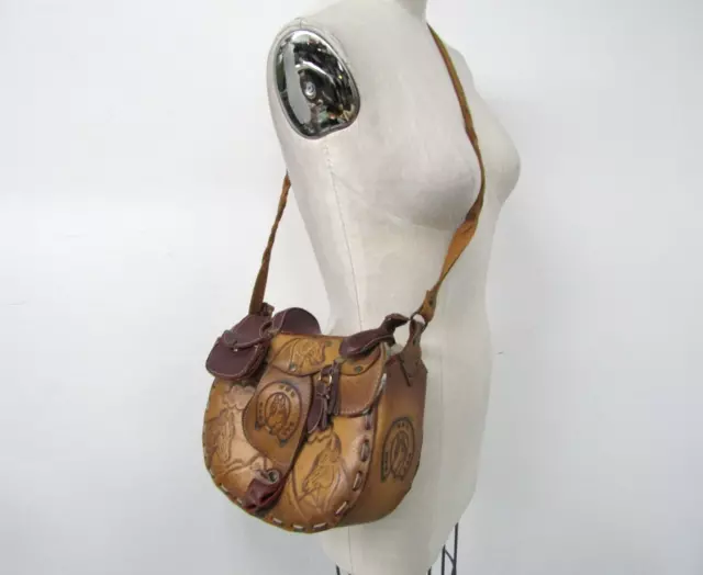 VTG. Leather Hand Tooled Western Cowgirl Horse Saddle Shoulder Bag