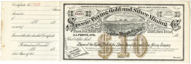 1880s Specie Paying Gold & Silver Mining Co. Pinal Arizona Stock Certificate