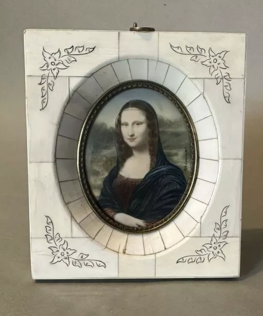Antique Victorian Miniature Portrait Painting Mona Lisa in Ornate Incised Frame