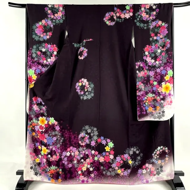 Japanese kimono SILK"FURISODE" long sleeves,SIL leaf,SAKURA,Plum,L5'6".3611 .F/S