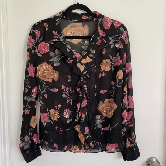 Ladies Vintage Long Sleeve Button Up Blouse Black Floral Size 10 2000’s 90’s Y2K