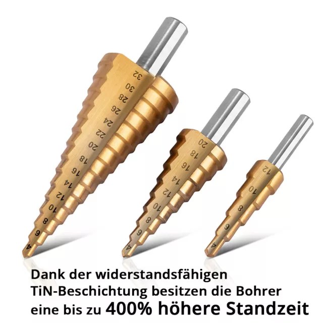 STAHLWERK HSS TiN Forets étagés Set de 3 forets coniques 4-32 mm Jeu de forets à 3