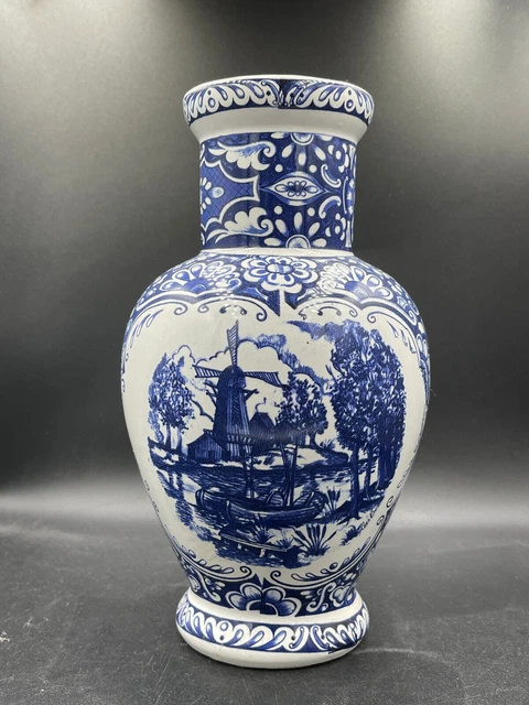 Blue Delft Windmill Flower Vase Vase Jar Vintage Ceramic Porcelain Hand Painted