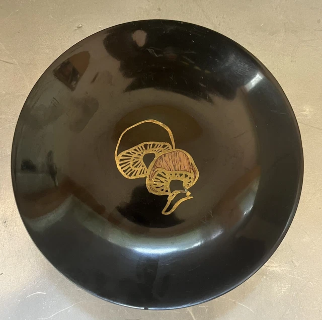 COUROC of Monterey, CA 7 3/4" Black Phenolic Bowl Inlaid Wood, Brass Mushrooms