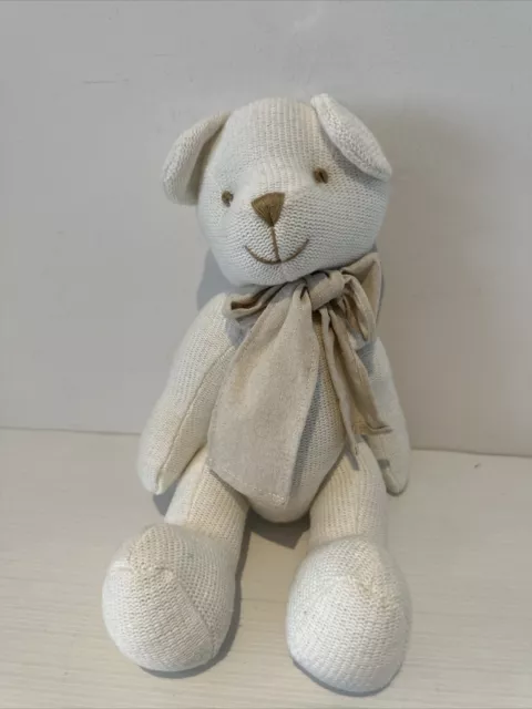 KNITTED TEDDY BEAR White Bow Embroidered Eyes Stuffed Plush Animal