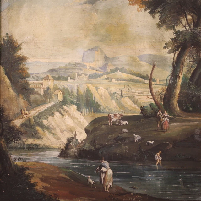 Antiguo paisaje tempera sobre papel cuadro pintura arte italiano siglo XVIII