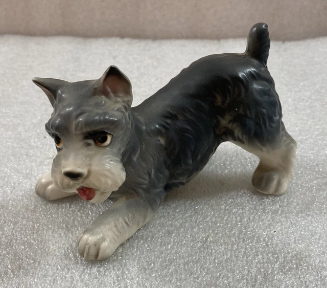 Vintage playful Schnauzer puppy dog ceramic figurine 4.25"L  (#4)