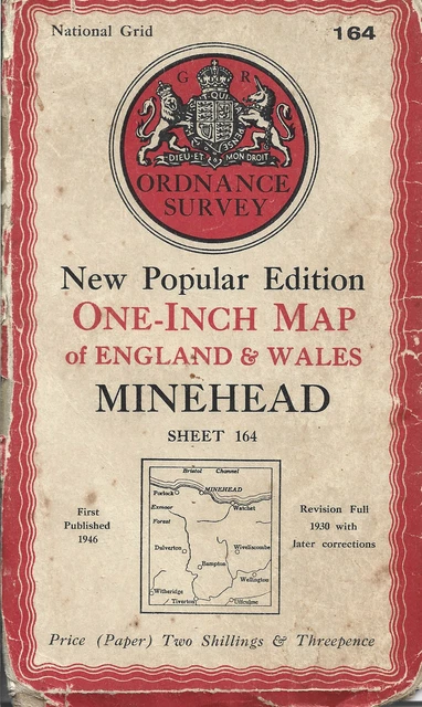 Antique Minehead Vintage Map 164 Ordnance Survey  Paper Onef Inch 1930