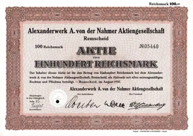 Alexanderwerk A. von der Nahmer Aktiengesellschaft 1937 100 RM