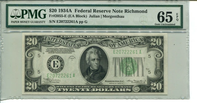 FR 2055-E 1934 A $20 Federal Reserve Note PMG 65 Gem Uncirculated EPQ