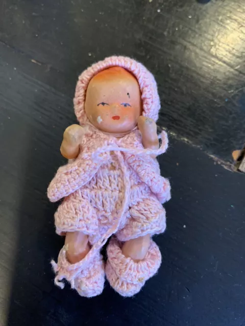 Early Antique German Bisque 3” Miniature Baby  Dollhouse Doll