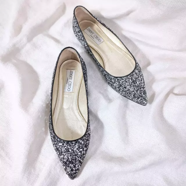 JIMMY CHOO FLAT Shoes Pumps Glitter Black x Silver Size 34.5 US About4 ...