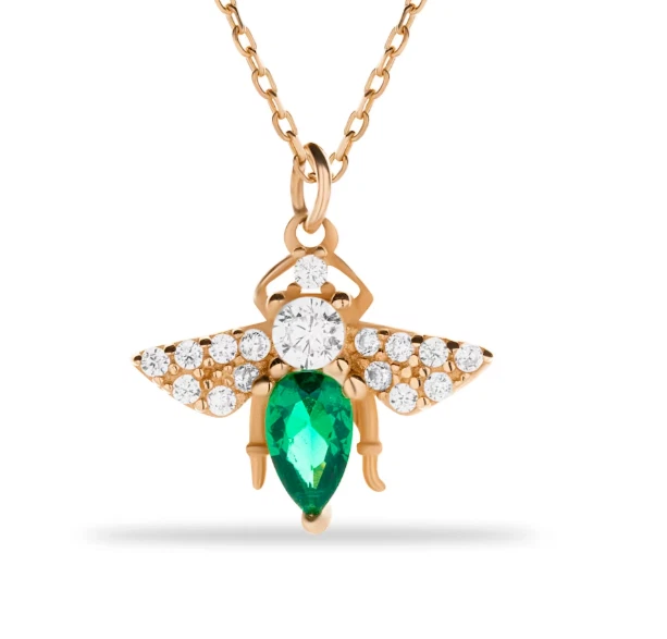 2Ct Pear Cut Lab Created Green Emerald Honeybee Pendant 14K Rose Gold Plated