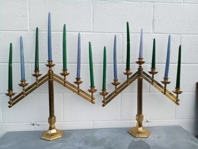 Pair 2 Antique Brass Bronze Adjustable Candle Stands Candelabras
