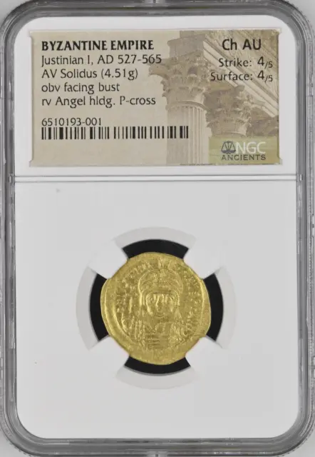 BYZANTINE EMPIRE AV Solidus Justinian I AD527-565 Gold Coin NGC AU 4.51g BX3-44