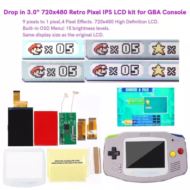 White lens--Drop In 720x480 Retro Pixel IPS Backlit V5 LCD+Pre-cut Cases For GBA