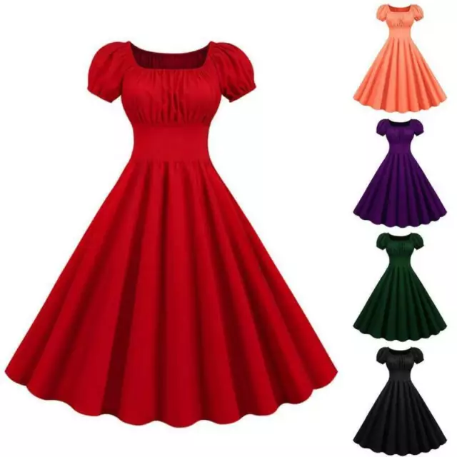 Womens 50s 60s Vintage Solid Skater Dress Evening Rockabilly Party Swing Dresses