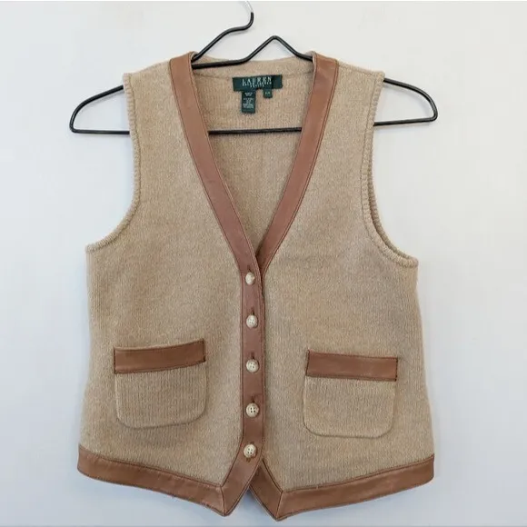 Vintage Ralph Lauren Wool Cashmere Leather Trimmed Vest