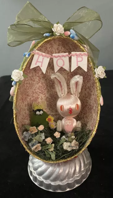 Large Vintage German Paper Mache Easter Egg Decorated W/ Japan Rabbit & Flowers