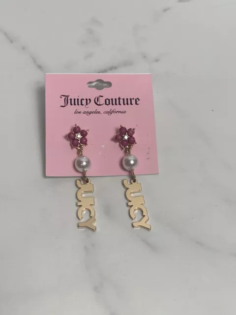 Juicy Couture Gold Tone Juicy Drop Earrings With Pink Flower & Faux Pearl NWT