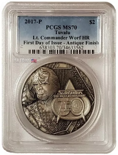 2017 2 Oz Silver $2 Tuvalu STAR TREK PCGS MS70 FDOI High Relief Antiqued Coin.