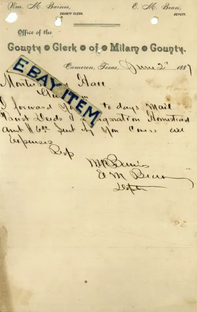 1887 CAMERON TEXAS letterhead MILAM COUNTY William M. Baines  Deputy E. M. Bean