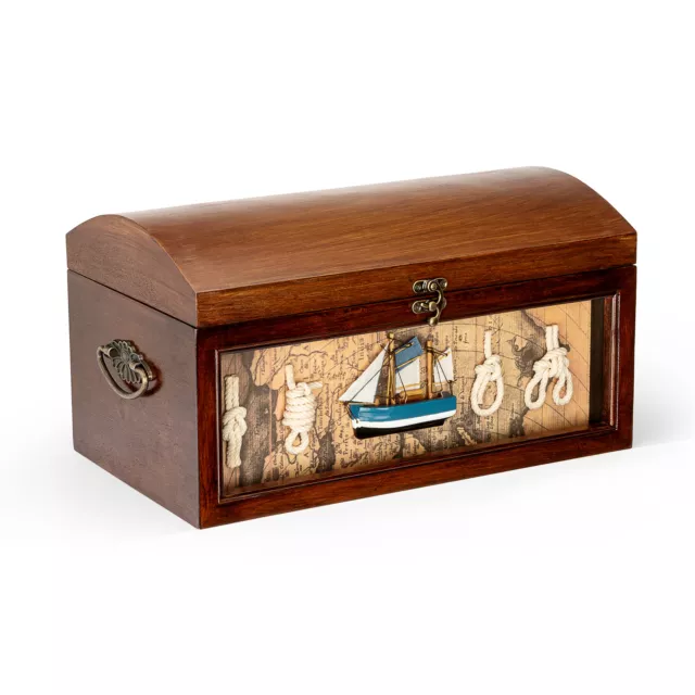 Tesoro decorativo legno con motivo dipinto a mano e fronte vetro 35x21x19cm