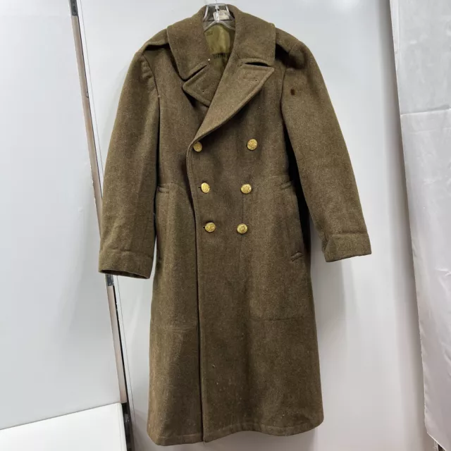 Vintage WWII US Army Military Wool Eagle Gold Button Trench Overcoat 36R