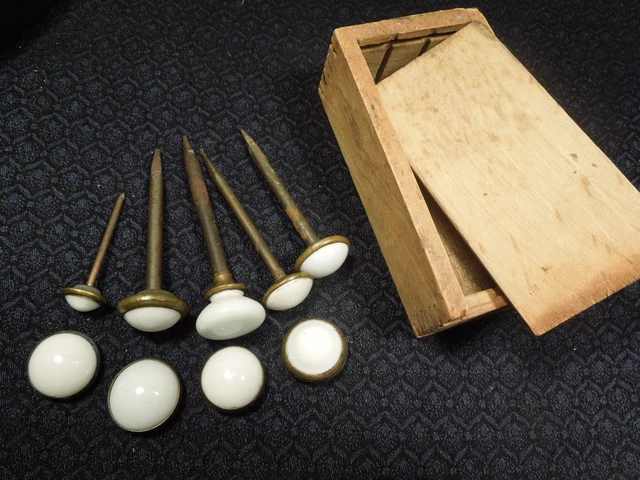 Antique Set of 9 Victorian White Porcelain Brass Graduated Picture Hangers