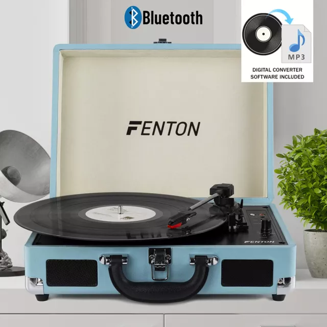 USB Vinyl Turntable Deck Record Player Speakers Bluetooth Retro Briefcase Blue