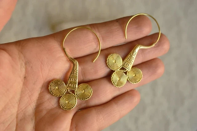 Large Gold Plated Mandala Vintage Tribal Brass Hoops Spiral Earrings Free Ship