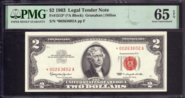 1963 $2 Legal Tender Red Seal Star Note Fr.1513* Pmg Gem Unc 65 Epq