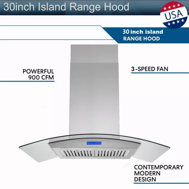 ISLAND MOUNTED RANGE Hood 30 inch Kitchen Cooker Hood 900 CFM Tempered