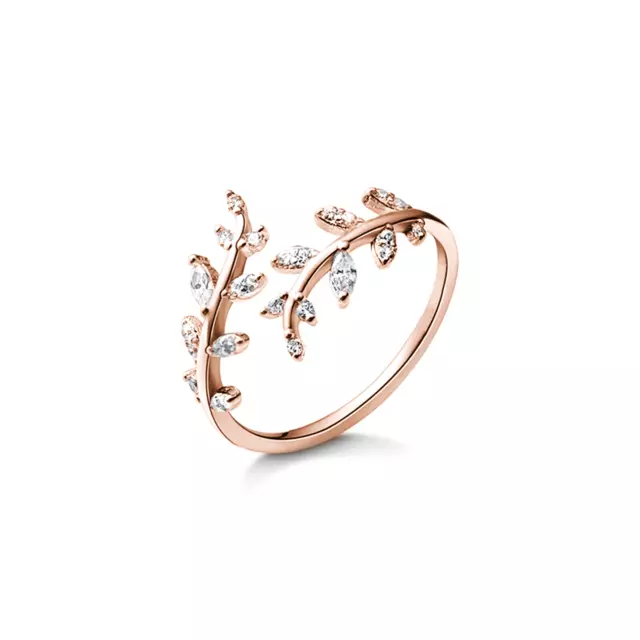 Rose Gold on Sterling Silver Sparkling Crystal CZ Leaf Feather Bridal Wrap Ring