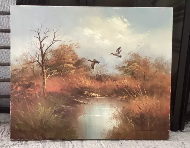 W.Newman Vtg Wildlife Ducks In Flight Oil Painting On Canvas
