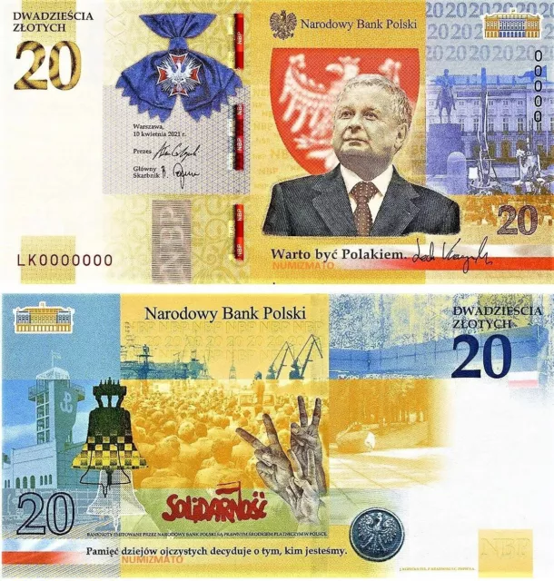 Poland 20 Zlotych 2021 year P-New UNC Lech Kaczynski In Folder