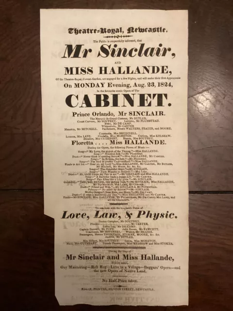 Georgian Playbill Flyer Theatre Royal Newcastle 1824 The Cabinet