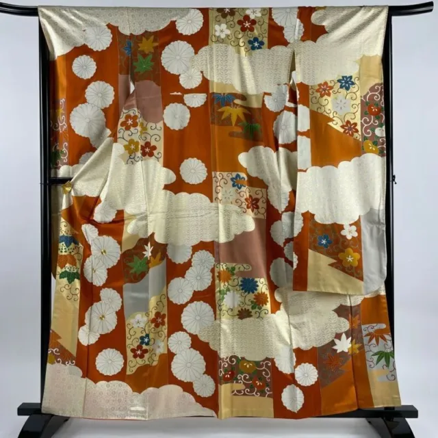 Japanese Kimono Furisode Pure Silk Chrysanthemum Flower Arabesque Gold Thread