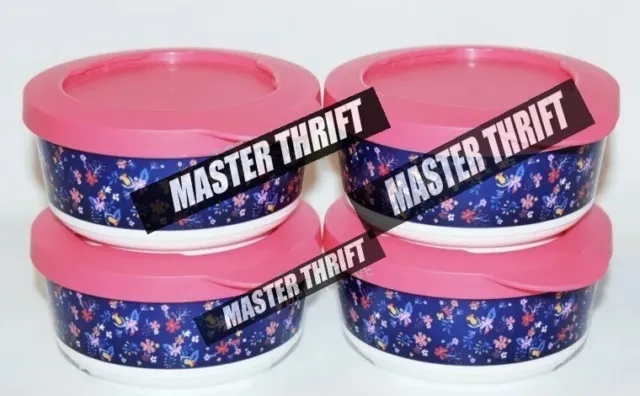 Tupperware 4 Dessert Bowls Click-Together Seals 6 oz Falling for Floral Set Pink