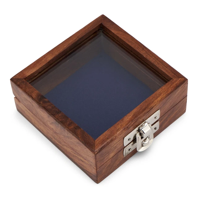 Scatola di legno con vetro nel coperchio 8,5x8,5x3,5 cm ottone chiusura argento decorazione marittima
