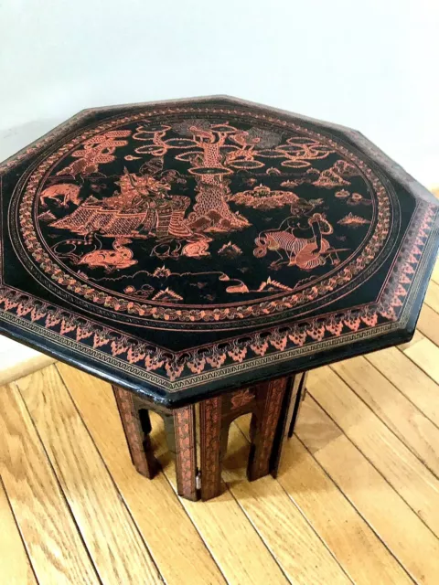 Vintage Burmese Black Lacquer Octagon Folding Side Table Rare Gorgeous Design