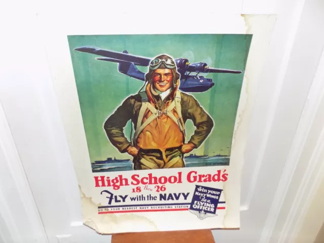 Vintage WWII Fly With The Navy High School Cardboard Recruiting Poster