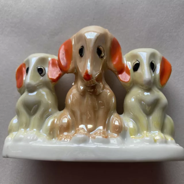 Vintage Lusterware Porcelain Three Dog Companions Deco Toothpick Holder Hound