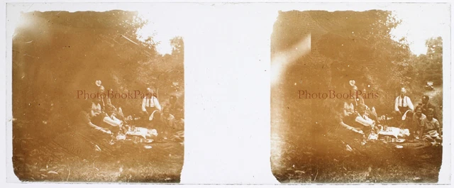 Family Lunch on the Grass c1930 Photo Glass Plate Vintage V28L23n1 2