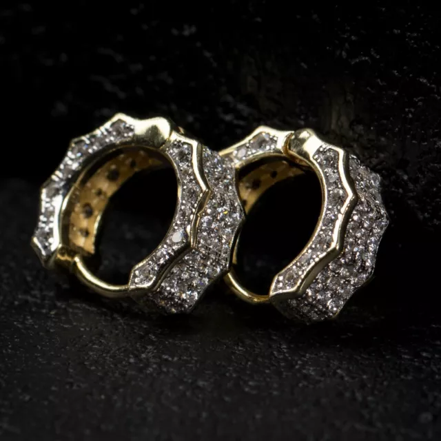 Mens Fully Iced  Gold Plated Sterling Silver CZ Huggie Hoop Earrings