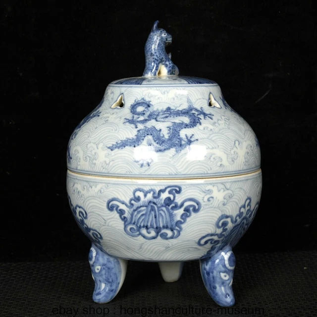 8.4" Old Chinese Blue White Porcelain Dynasty Dragon Lines incense burner censer