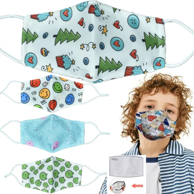 Child Kids Reusable Cloth Face Mask Double Layer Mouth Cover W/PM2.5 Filters Lot