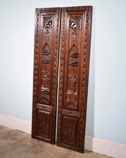 *63" Tall Pair of French Antique Doors Carved Breton Panels in Chestnut Wood